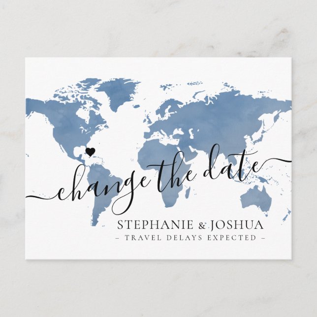 Change the Date Postponed Destination Wedding Map Announcement Postcard (Front)