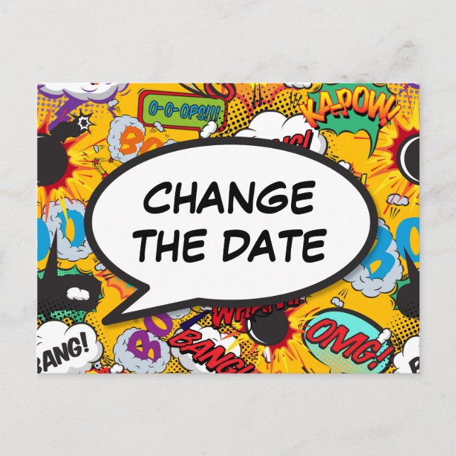 Change The Date Postponed Modern Comic Book Announcement Postcard (Front)
