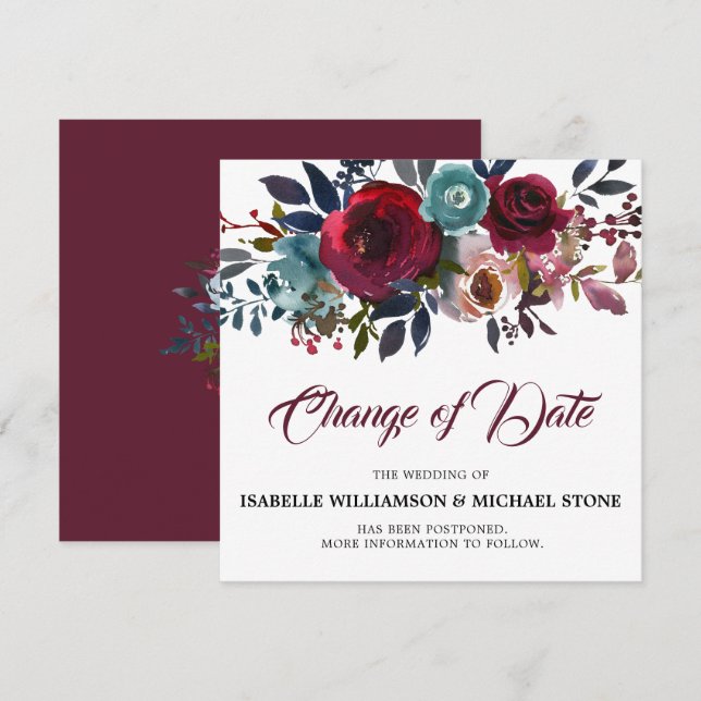Change the Date Red Burgundy Floral Wedding Invitation (Front/Back)
