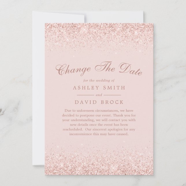 Change The Date Rose Gold Confetti Blush Pink Save The Date (Front)