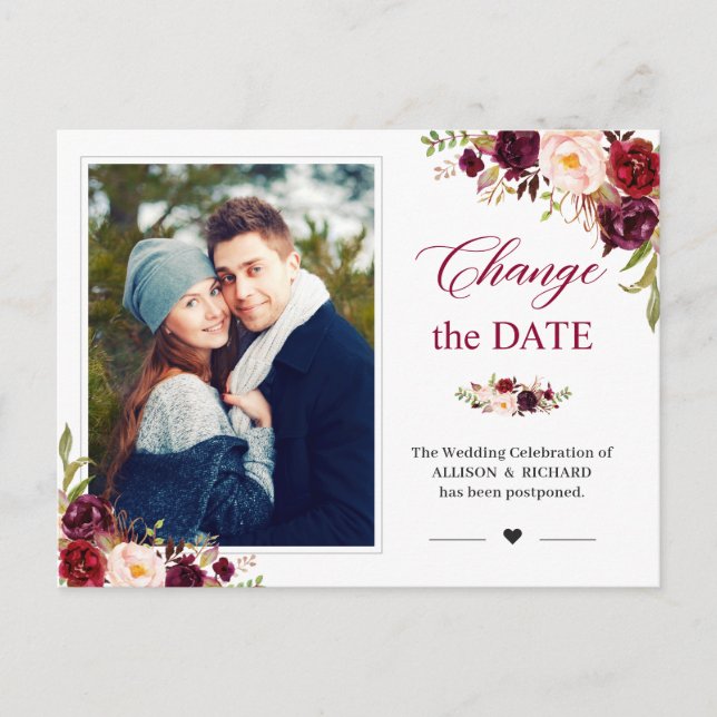 Change the Date Rustic Burgundy Blush Floral Photo Postcard (Front)
