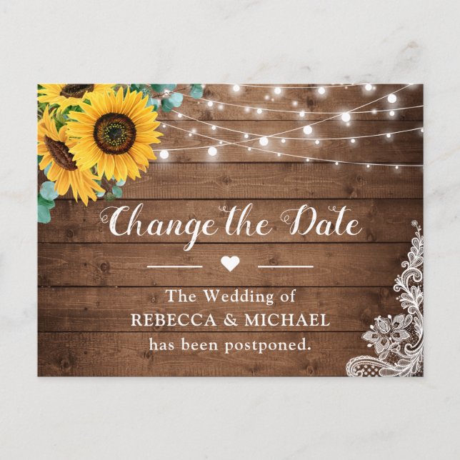 Change the Date Rustic Sunflower String Light Lace Postcard (Front)