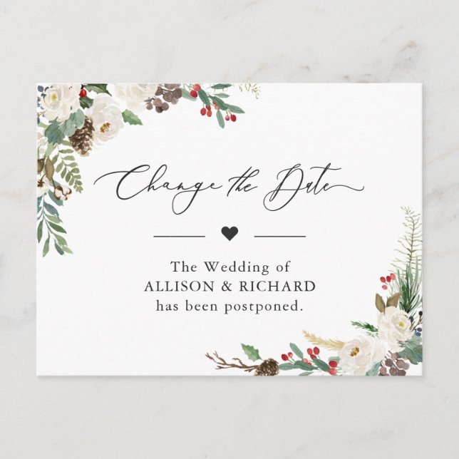 Change the Date Rustic Winter Floral Postponed Postcard (Front)