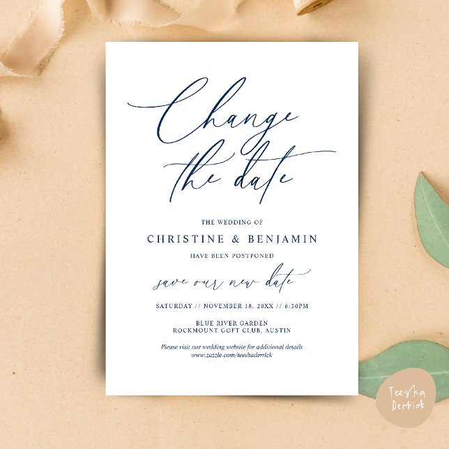 Change the date, Save our new wedding date card (Change the date, Save our new wedding date modern romantic card in Navy Blue)