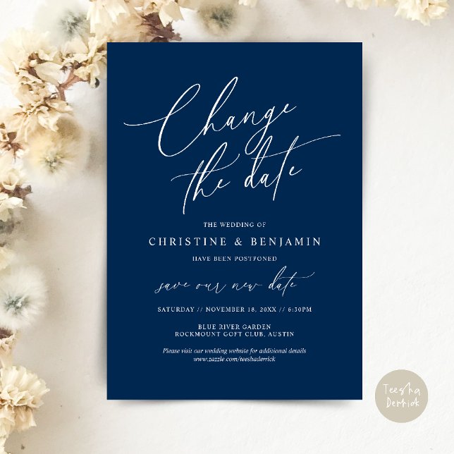 Change the date, Save our new wedding date card (Change the date, Save our new wedding date modern romantic card in Navy Blue)