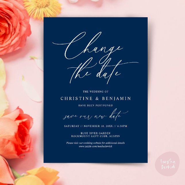 Change the date, Save our new wedding date card (Change the date, Save our new wedding date modern romantic card in Navy Blue)