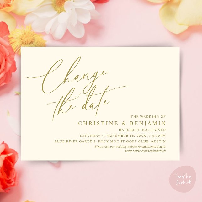 Change the date, Save our new wedding date card (Change the date, Save our new wedding date modern romantic card in Yellow Gold)
