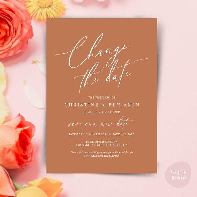 Change the date, Save our new wedding date card (Change the date, Save our new wedding date modern romantic card in Copper Brown)