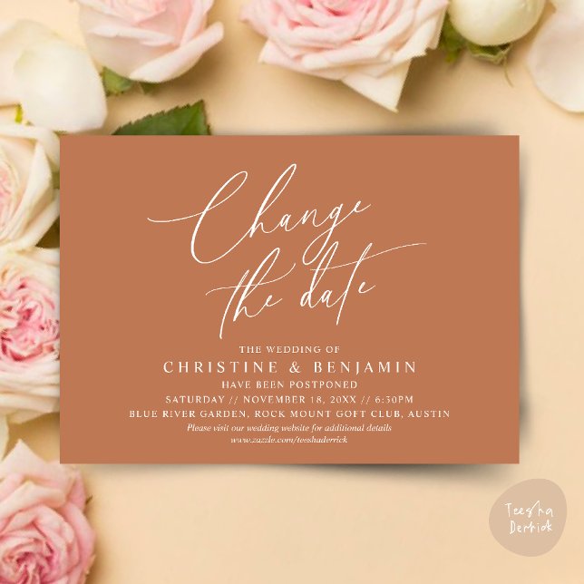 Change the date, Save our new wedding date card (Change the date, Save our new wedding date modern romantic card in Copper Brown)
