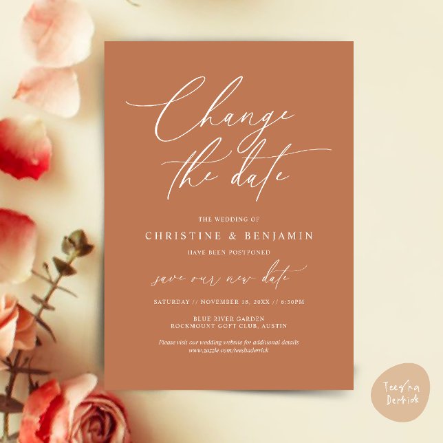 Change the date, Save our new wedding date card (Change the date, Save our new wedding date modern romantic card in Copper Brown)