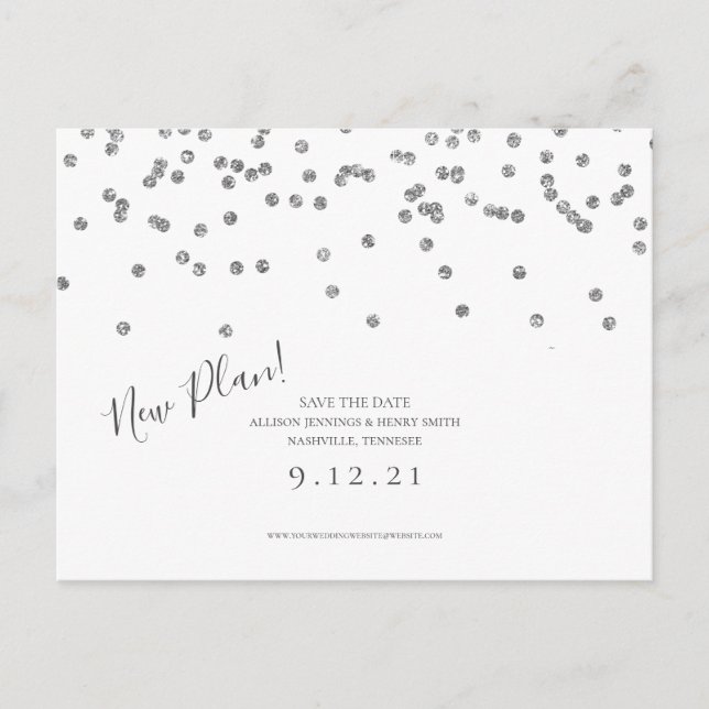 Change the Date Save the Date Silver Glitter Announcement Postcard (Front)
