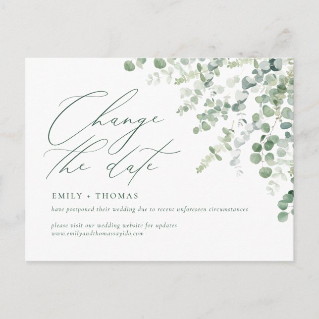 Change the Date Script Eucalyptus Watercolor Green Postcard (Front)