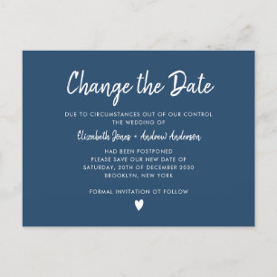 Change the Date Script Minimalist Modern Navy Blue Announcement Postcard