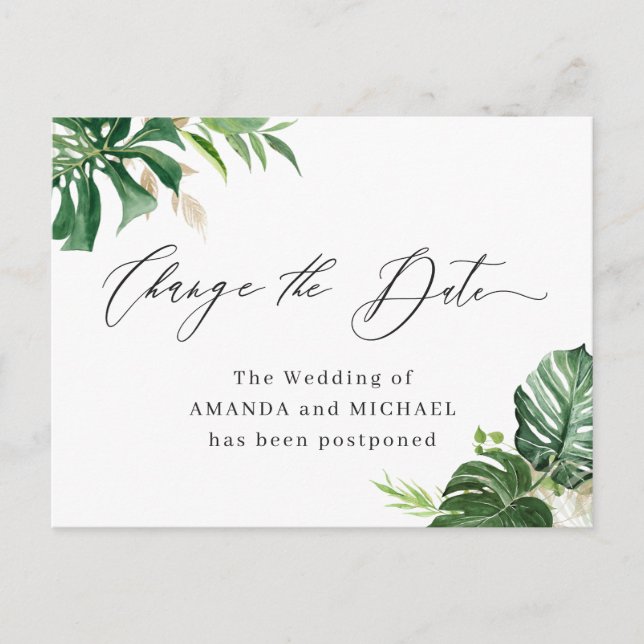 Change the Date Script Tropical Palm Leaves Postcard (Front)