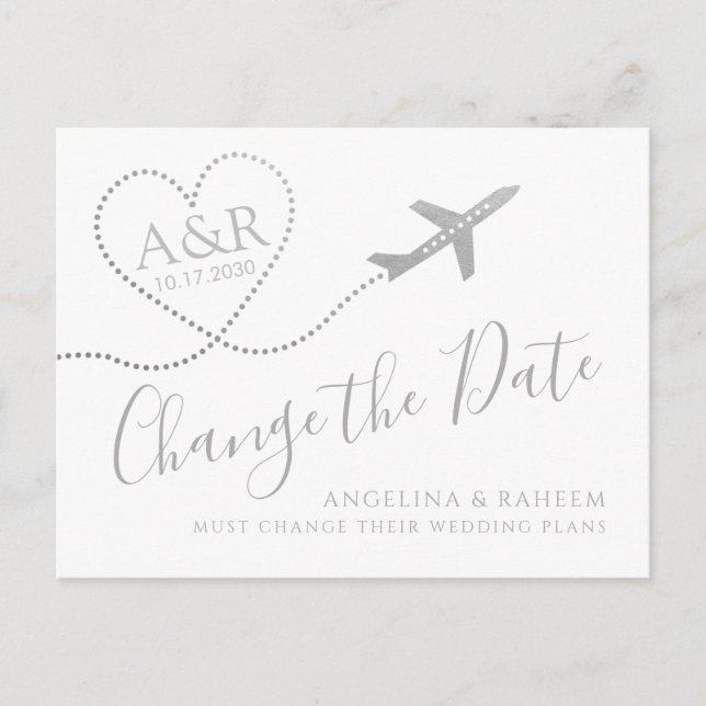 Change the Date Silver Travel Destination Wedding Announcement Postcard (Front)