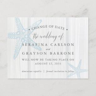 Change the Date Starfish Rustic Wood Beach Wedding Announcement Postcard