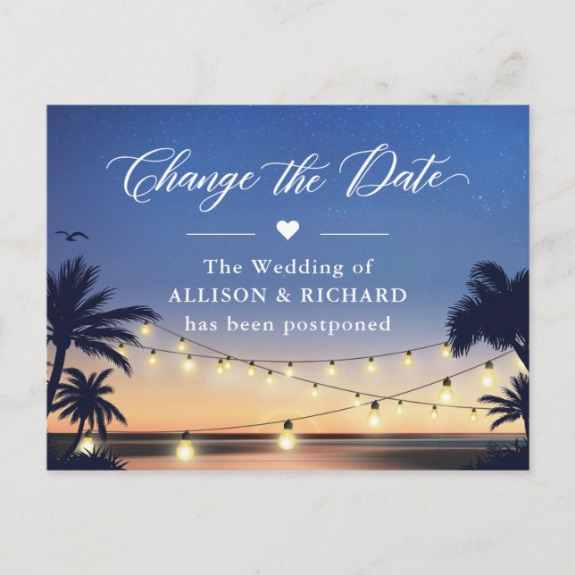 Change the Date Summer Palm Beach String Lights Postcard (Front)