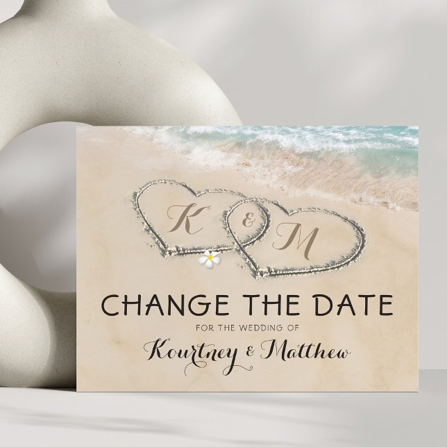 Change The Date Tropical Beach Heart Shore Announcement Postcard (Creator Uploaded)