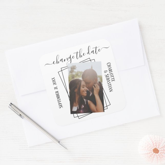 Change The Date Typography Photo Wedding Square Sticker (Envelope)