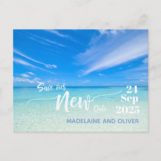 Change The Date Wedding Beach Blue Summer Announcement Postcard (Front)