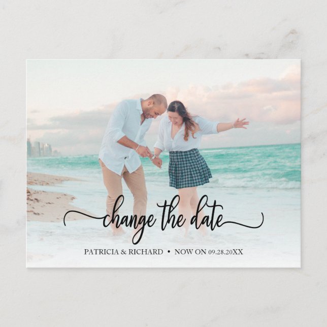 Change The Date Wedding Postponed Chic Script Postcard (Front)