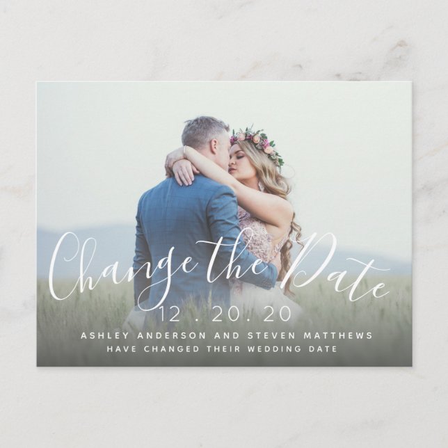 Change the Date Wedding Script Photo Postcard (Front)