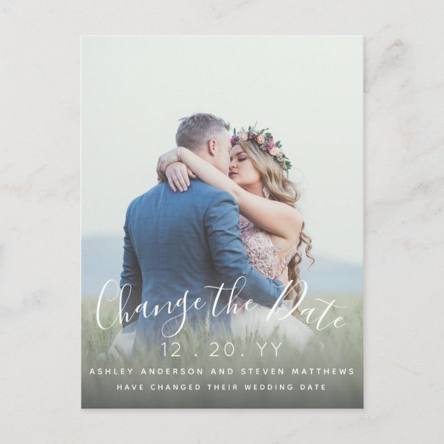 Change the Date Wedding Script Photo Postponed Postcard (Front)
