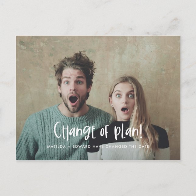 Change the plan fun modern wedding photo announcement postcard (Front)