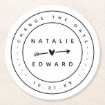Change the plan wedding cancellation postponement round paper coaster<br><div class="desc">A fun spin on traditional change the dates. Modern change the date drinks coaster with graphic hand drawn heart and arrow element. Colours can be changed. If you have had to postpone, change or cancel your wedding, party, civil ceremony, renewel of vows or any event make the organisation a little...</div>