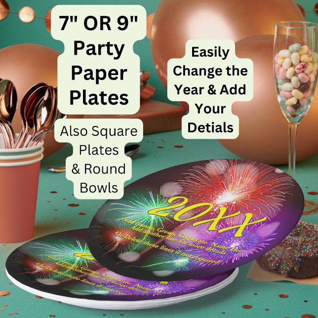 Change Year, Add Any Name Text New Year Fireworks  Paper Plate (Creator Uploaded)