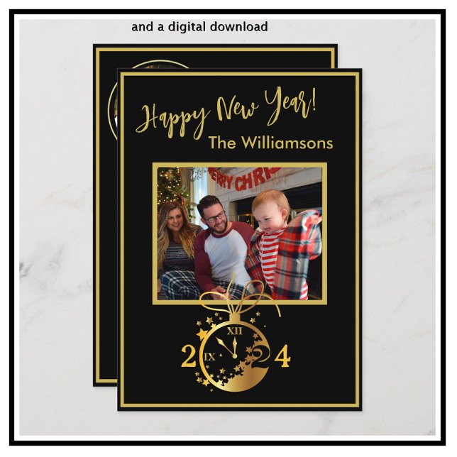 Change Year Happy New Year's 4 Photo Clock Card (Creator Uploaded)