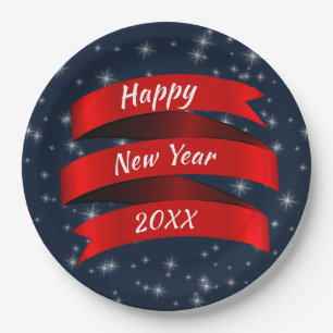 Change Year Text Happy New Year 20xx Red Ribbon 9" Paper Plate