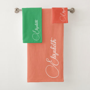 Changeable Colours Salmon Orange Green Script Name Bath Towel Set