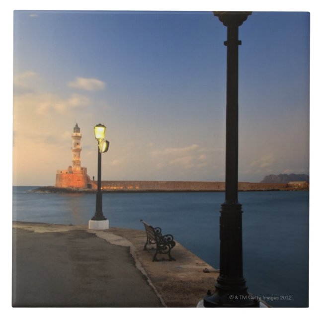 Chania Harbour and Venetian lighthouse at sunset Tile (Front)