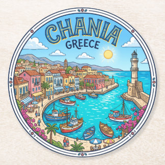 Chania Old Harbour Greece Round Paper Coaster