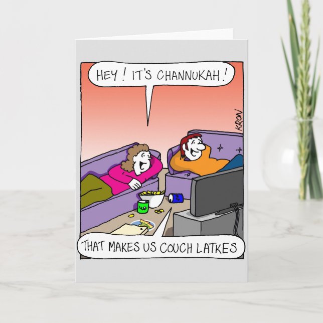 Channukah Greeting Card - Couch Latkes (Front)