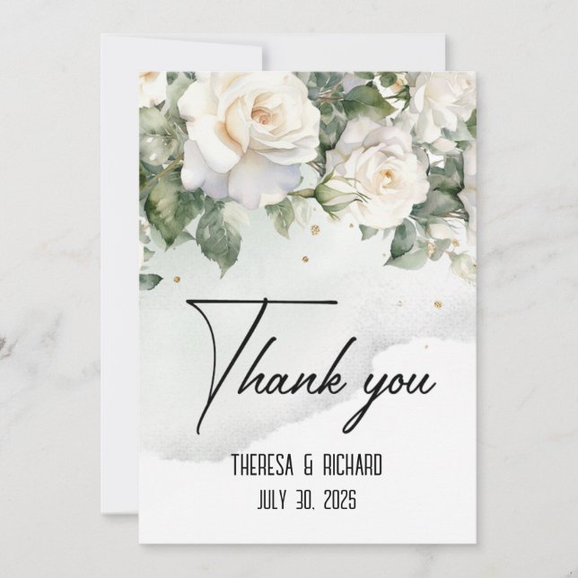 Chantilly Lace Roses Wedding Thank You Flat Card (Front)