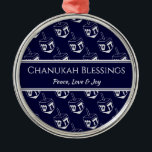 CHANUKAH BLESSINGS Customised | Dreidel GRAY Metal Tree Decoration<br><div class="desc">Stylish, elegant ornament for your HANUKKAH decor. Design shows a SILVER GRAY dreidel print in a tiled pattern with customisable placeholder text which you can replace with your own choice of greeting and text. The colour scheme is midnight blue and SILVER GRAY. Other versions are available. Matching items can be...</div>