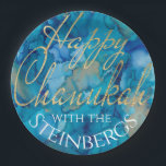Chanukah Blues and Golds Paper Plate<br><div class="desc">Chanukah Blues and Golds Paper Plates. Remove text and add your own anywhere on plate using your favourite font, style, colour, and size. All design elements can be edited. Thanks for stopping and shopping by. Much appreciated! Happy Chanukah/Hanukkah! Size and Style: 9" Round Paper Plate Throw a spectacular party with...</div>
