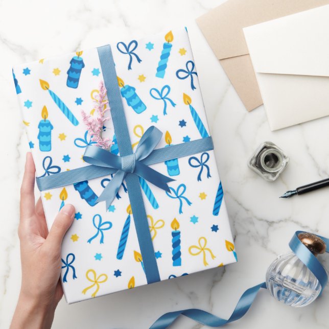Chanukah Candles Burning White Blue Gold Wrapping Paper (Gifting)