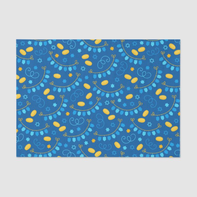 Chanukah Dreidel Banners Gelt Gifts Blue Tissue Paper (Front)