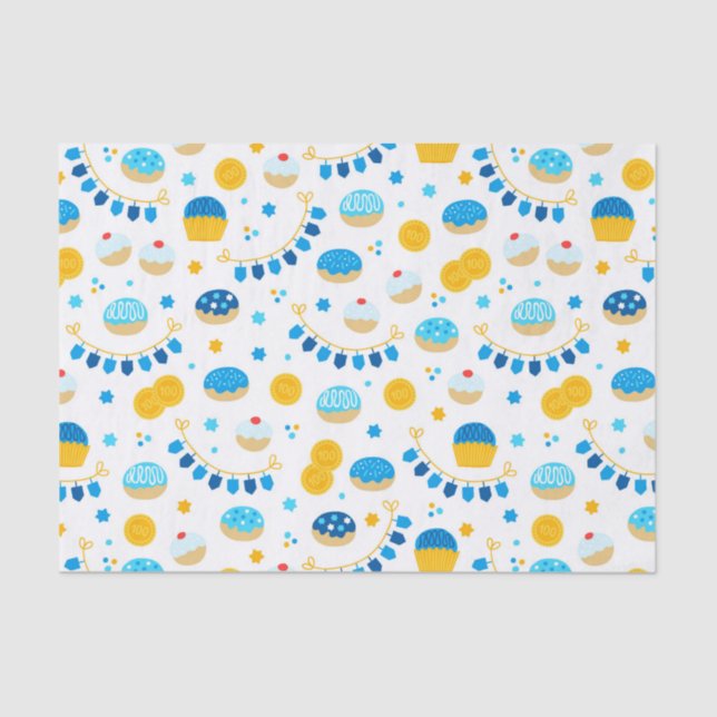Chanukah Dreidels Doughnuts Gold Blue White Tissue Paper (Front)