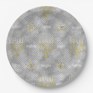 Chanukah Elegant Gold Silver Menorahs Stars Paper Plate