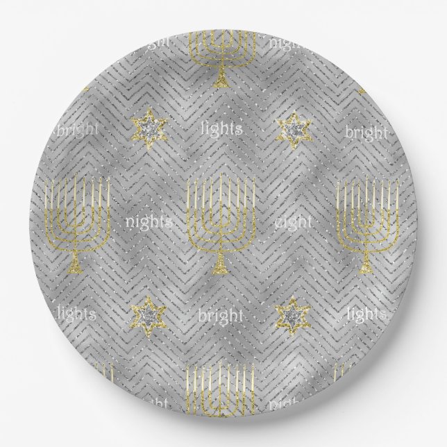 Chanukah Elegant Gold Silver Menorahs Stars Paper Plate (Front)