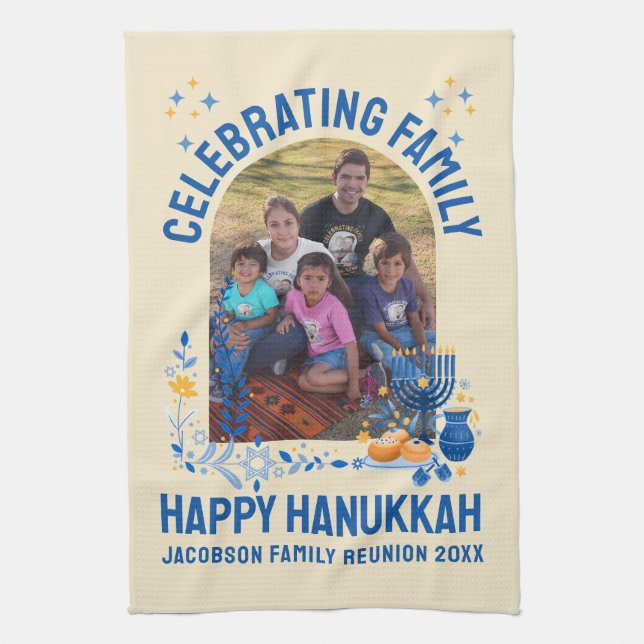 Chanukah FAMILY REUNION Custom Photo Name HANUKKAH Tea Towel (Vertical)