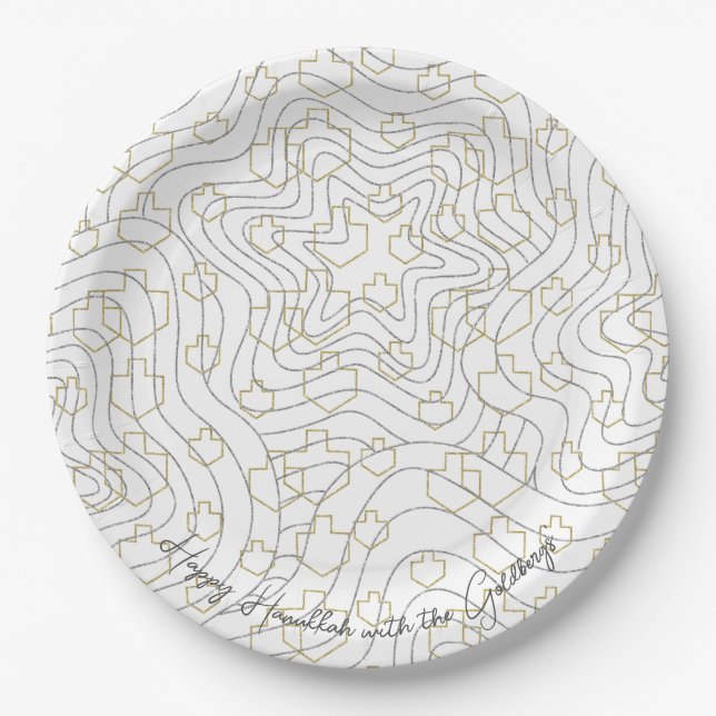Chanukah Gold Silver Stars & Dreidels Paper Plate (Front)