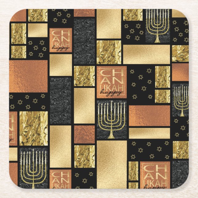 Chanukah Golden Montage Square Paper Coaster (Front)