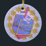 Chanukah Greetings Ceramic Tree Decoration<br><div class="desc">Festive Hanukkah design has a Dreidel with a dove and Star of David on it. The border is a muted Hanukkah pattern. Gold snowflakes accent the border.</div>