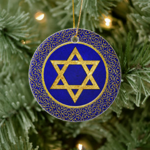 Chanukah Hanukkah חֲנֻכָּה Blue and Gold Ceramic Tree Decoration