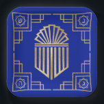 Chanukah/Hanukkah Art Deco Gold Blue Dreidels Paper Plate<br><div class="desc">Hanukkah/Chanukah, Art Deco Dreidel design. This gold, fancy, shmancy dreidel design can be personalised by changing out background colour, and adding text anywhere on plate using your favourite font colour, size, and style. Thanks for stopping and shopping by. Much appreciated! Happy Chanukah/Hanukkah! Size and Style: 9" Square Paper Plate Throw...</div>